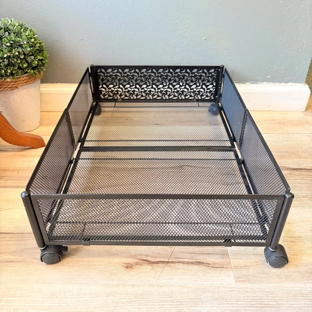 2 Black Metal Mesh Rolling Underbed Storage Bins Bird Leaf Design Foldable